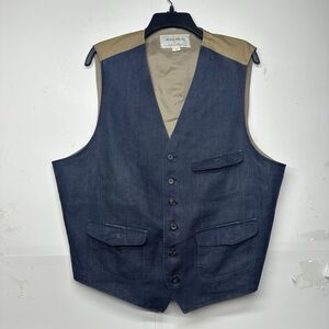 Men’s Mother Freedom Denim Vest XL Blue Tan Canvas Trim Utility Workwear